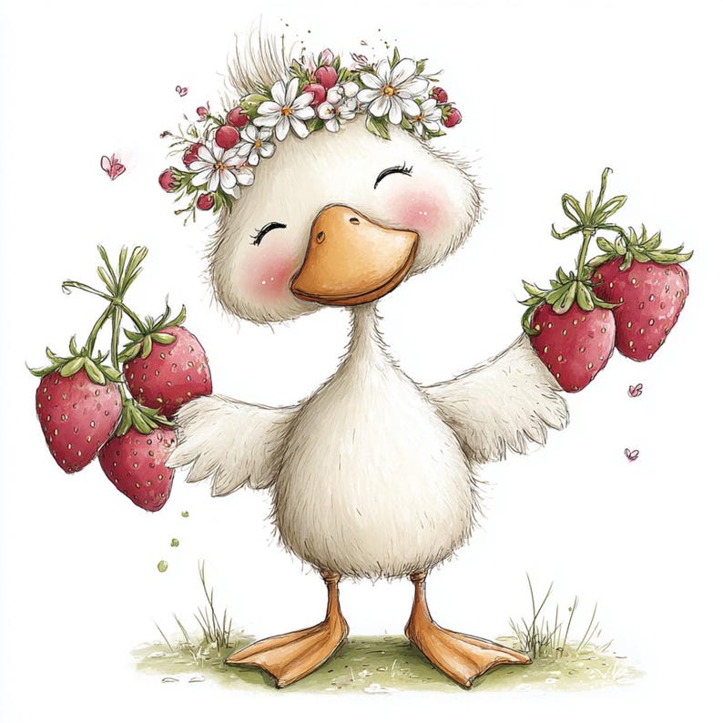 May include: A charming cartoon duck with white feathers, an orange beak, and rosy cheeks, wearing a floral crown. The duck is holding bunches of ripe red strawberries in each wing, with a happy expression. The background is white with some green grass.