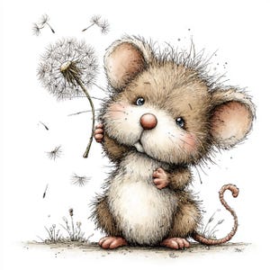 May include: A charming illustration of a mouse with a dandelion. The mouse is depicted with brown and white fur, a pink nose, and blue eyes. Dandelion seeds are scattered around, suggesting a gentle breeze. The image has a soft, watercolour-like quality against a white backdrop.