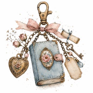 May include: A decorative keyring featuring a central blue book charm with a floral oval inlay, accented by a pink ribbon bow, a heart-shaped locket with a rose motif, a small scroll, a metal key, and a blank rectangular tag, all suspended from a brass clasp.