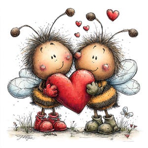 Könnte beinhalten: Eine skurrile Illustration von zwei Cartoon-Bienen, die ein großes rotes Herz halten. Die Bienen haben braunes Fell, gestreifte Körper und tragen Stiefel. Kleine rote Herzen schweben über ihnen. Das Kunstwerk hat einen weichen Aquarellstil, ideal für Valentinstag.