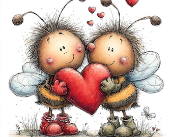 40 JPG Valentine Clipart – Cute Bee Valentine  – Whimsical Love Bee, Hearts & Cupid Elements – Quirky Animal Art – Commercial Use