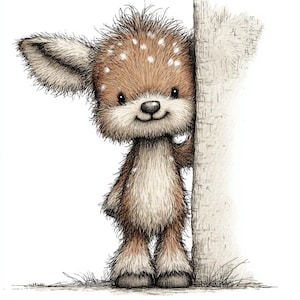 May include: A whimsical illustration of a cartoon deer with brown fur and white spots. The deer is smiling and peeking from behind a tree trunk. The artwork has a soft, textured appearance, with detailed shading and a friendly expression.