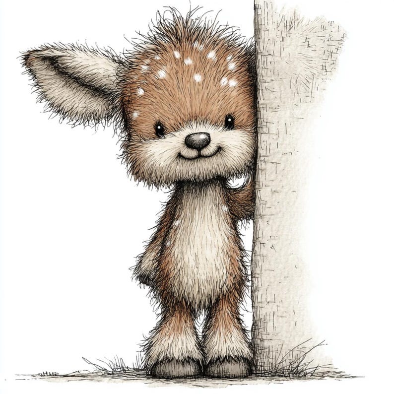 May include: A whimsical illustration of a cartoon deer with brown fur and white spots. The deer is smiling and peeking from behind a tree trunk. The artwork has a soft, textured appearance, with detailed shading and a friendly expression.