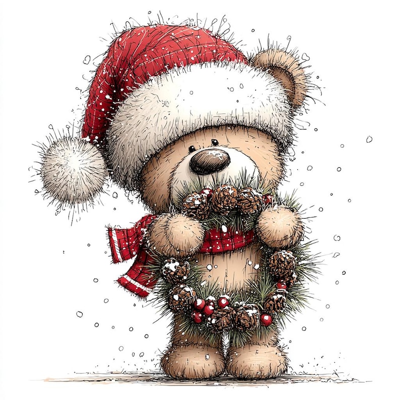 K&ouml;nnte beinhalten: Illustration eines Teddyb&auml;ren mit roter Weihnachtsm&uuml;tze und Schal, der einen Weihnachtskranz h&auml;lt. Der B&auml;r ist hellbraun mit schwarzer Nase, vor wei&szlig;em Hintergrund mit Schneefall.