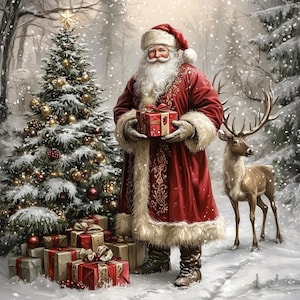 May include: Santa Claus with a long white beard wears a red coat with white fur trim and a matching hat. He holds a red gift box with a gold ribbon. Beside him stands a reindeer in a snowy forest near a decorated Christmas tree with gold ornaments.