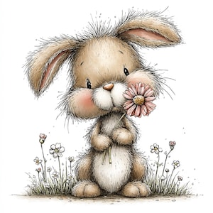 May include: A cute illustration of a fluffy brown rabbit holding a pink daisy. The rabbit has rosy cheeks and long ears, with a patch of white fur on its chest. Small white flowers and green grass are at the rabbit's feet, all set against a white background.