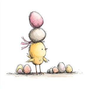 May include: A whimsical illustration of a yellow chick balancing three decorated Easter eggs on its head. The eggs are pink, white, and gray. Several other eggs are scattered around the chick. The artwork is a hand-drawn style with ink and watercolor.