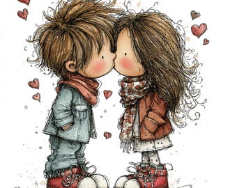 May include: An illustration of two cartoon figures kissing, surrounded by floating hearts. The figures are wearing casual outfits, including jackets, scarves, and red sneakers. The artwork has a hand-drawn style with soft colors and shading.