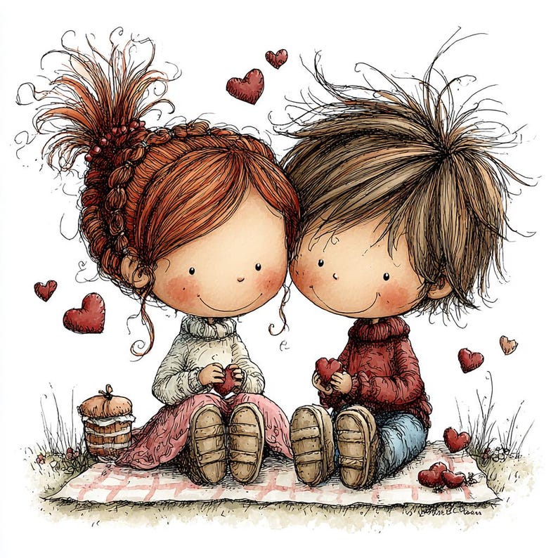 May include: Illustration of two cartoon figures, a girl with red hair and a boy with brown hair, sitting close together on a picnic blanket. They each hold a red heart. Red hearts are scattered around them. The girl wears a white sweater and pink skirt.