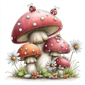 May include: Watercolor illustration of a whimsical mushroom scene. The image features several red mushrooms with white spots, daisies, ladybugs, and small flowers. The mushrooms vary in size and are set against a white background.
