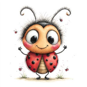Peut inclure: Illustration &agrave; l'aquarelle d'une coccinelle de dessin anim&eacute; avec de grands yeux expressifs et un sourire joyeux. La coccinelle a une carapace rouge &agrave; pois noirs, un corps brun et est entour&eacute;e de plus petites coccinelles.