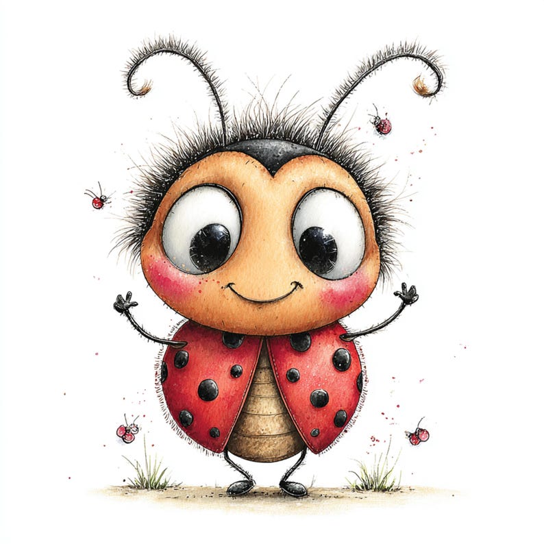 Peut inclure: Illustration &agrave; l'aquarelle d'une coccinelle de dessin anim&eacute; avec de grands yeux expressifs et un sourire joyeux. La coccinelle a une carapace rouge &agrave; pois noirs, un corps brun et est entour&eacute;e de plus petites coccinelles.