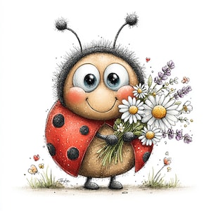 Peut inclure: Illustration fantaisiste d'une coccinelle souriante tenant un bouquet de marguerites et de lavande. La coccinelle a une carapace rouge &agrave; pois noirs, de grands yeux bleus et une expression joyeuse. Des papillons et de l'herbe sont en arri&egrave;re-plan.