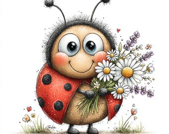 May include: A whimsical illustration of a smiling ladybug holding a bouquet of daisies and lavender. The ladybug has a red shell with black spots, big blue eyes, and a cheerful expression. Butterflies and grass are in the background.