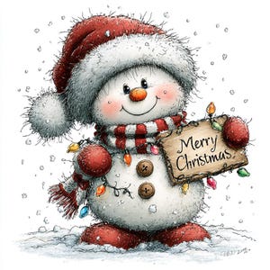 May include: A fluffy white snowman wearing a red hat and a red and white striped scarf, holding a wooden sign that reads Merry Christmas. The snowman is decorated with colorful string lights and two brown buttons, standing in the falling snow.