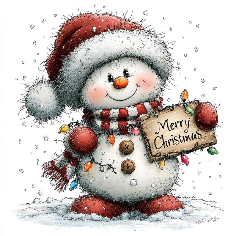 May include: A fluffy white snowman wearing a red hat and a red and white striped scarf, holding a wooden sign that reads Merry Christmas. The snowman is decorated with colorful string lights and two brown buttons, standing in the falling snow.