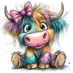 May include: A colorful cartoon illustration of a Highland cow with a pink bow. The cow has large eyes and a smiling expression. Its fur is a mix of blue, orange, yellow, and purple. The artwork is a watercolor style.
