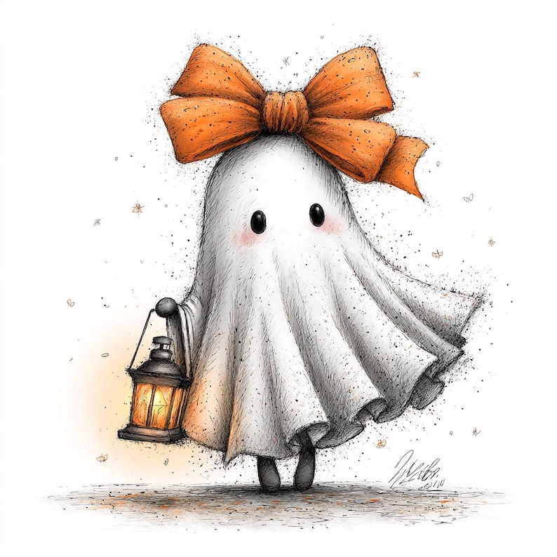 May include: A cute cartoon ghost illustration with a large orange bow on its head. The ghost is holding a lantern with a lit candle inside. The ghost has rosy cheeks and is wearing a white sheet. The image has a hand-drawn style and is set against a white background.