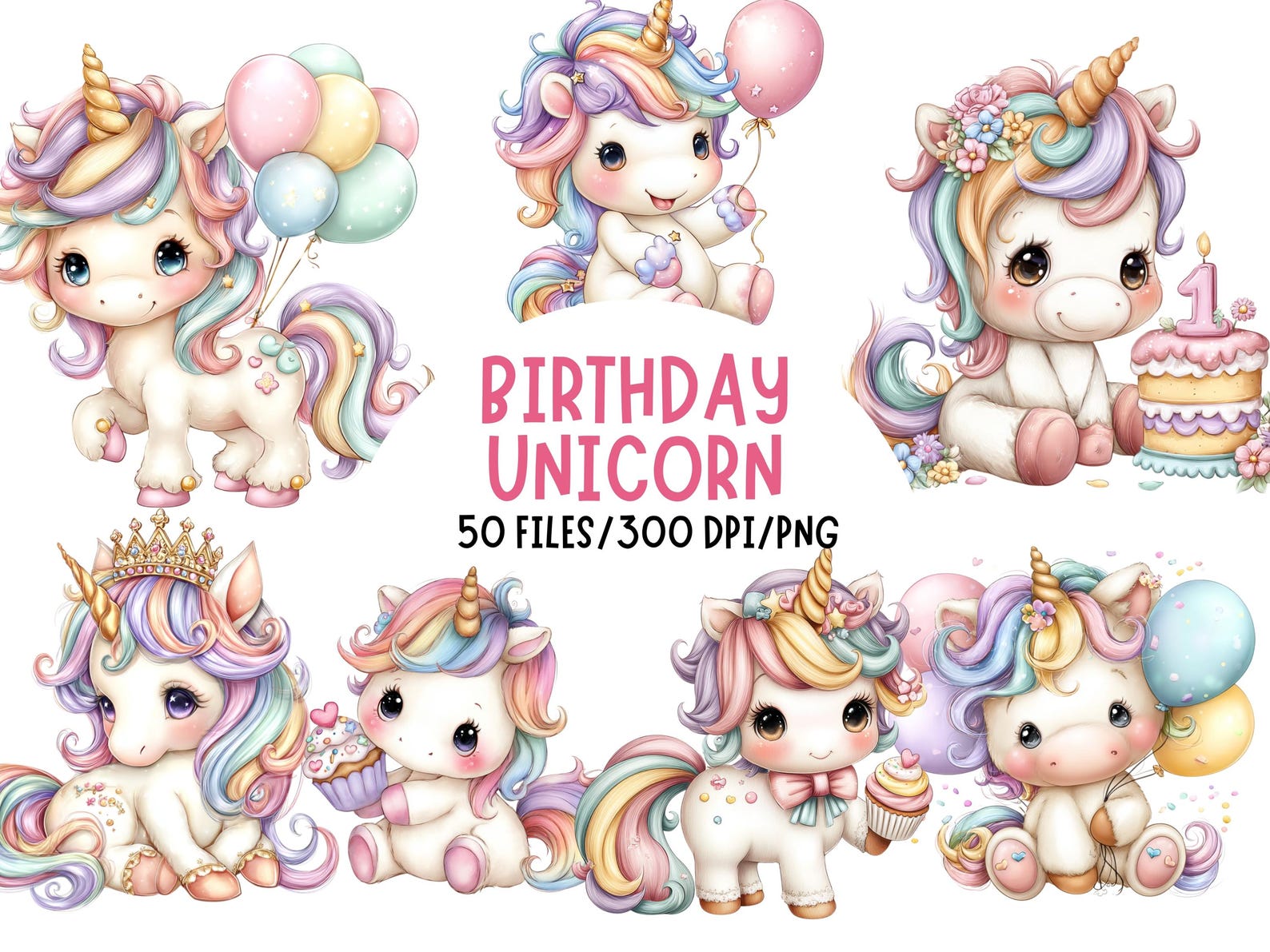 Pastel Unicorn Clipart - Rainbow Unicorns - Birthday Clipart - Unicorn ...