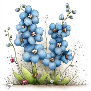 Puede incluir: Ilustraci&oacute;n en acuarela de flores azules con centros marrones y tallos verdes. Las flores est&aacute;n en plena floraci&oacute;n, con algunos capullos visibles. Hierba verde y peque&ntilde;as flores rosas y blancas en la base de las flores azules. El fondo es de color beige claro.