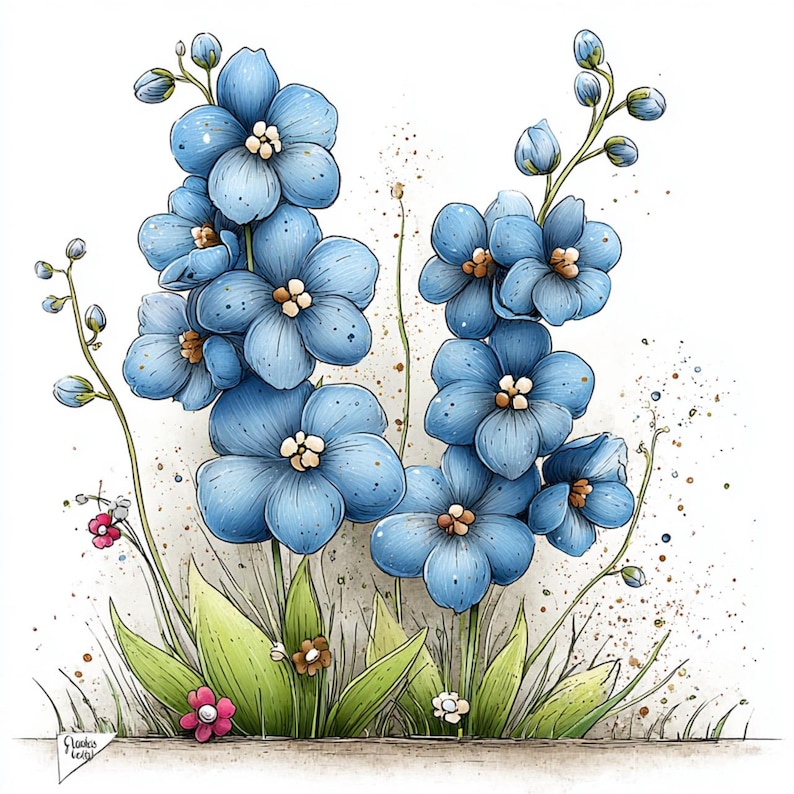 Puede incluir: Ilustraci&oacute;n en acuarela de flores azules con centros marrones y tallos verdes. Las flores est&aacute;n en plena floraci&oacute;n, con algunos capullos visibles. Hierba verde y peque&ntilde;as flores rosas y blancas en la base de las flores azules. El fondo es de color beige claro.