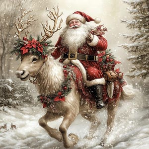 May include: A festive illustration of Santa Claus with a long white beard wearing a red suit and hat, riding a light-colored reindeer. The reindeer is adorned with a wreath of red poinsettias and greenery, running through a snowy winter forest.