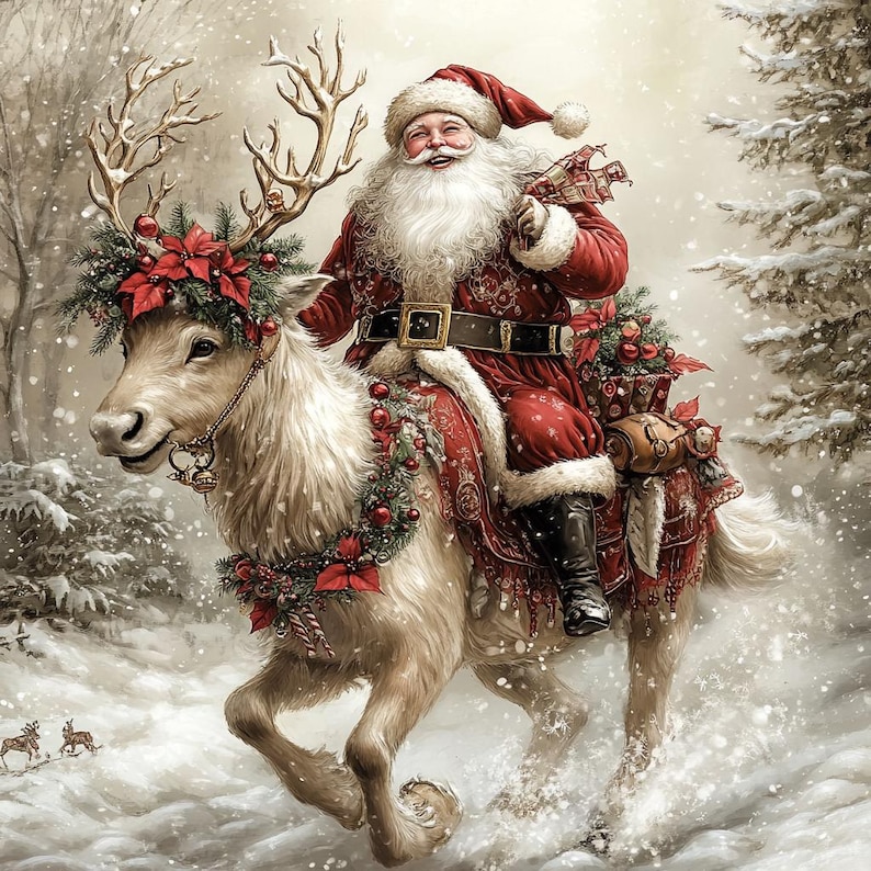 May include: A festive illustration of Santa Claus with a long white beard wearing a red suit and hat, riding a light-colored reindeer. The reindeer is adorned with a wreath of red poinsettias and greenery, running through a snowy winter forest.