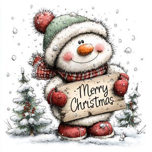 May include: A fluffy white snowman wearing a green knit hat with a red pom-pom, a red plaid scarf, and red mittens and boots. The snowman holds a wooden sign that reads Merry Christmas, standing between two small snow-covered pine trees.