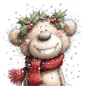 K&ouml;nnte beinhalten: Eine fr&ouml;hliche Cartoon-Illustration eines Teddyb&auml;ren. Der B&auml;r tr&auml;gt einen roten Schal und einen Stechpalmenkranz mit roten Beeren. Schneeflocken fallen um den B&auml;ren, der ein gro&szlig;es, gl&uuml;ckliches L&auml;cheln hat. Ein charmantes Design zum Thema Feiertage.