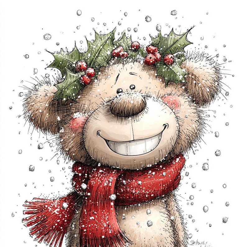 K&ouml;nnte beinhalten: Eine fr&ouml;hliche Cartoon-Illustration eines Teddyb&auml;ren. Der B&auml;r tr&auml;gt einen roten Schal und einen Stechpalmenkranz mit roten Beeren. Schneeflocken fallen um den B&auml;ren, der ein gro&szlig;es, gl&uuml;ckliches L&auml;cheln hat. Ein charmantes Design zum Thema Feiertage.