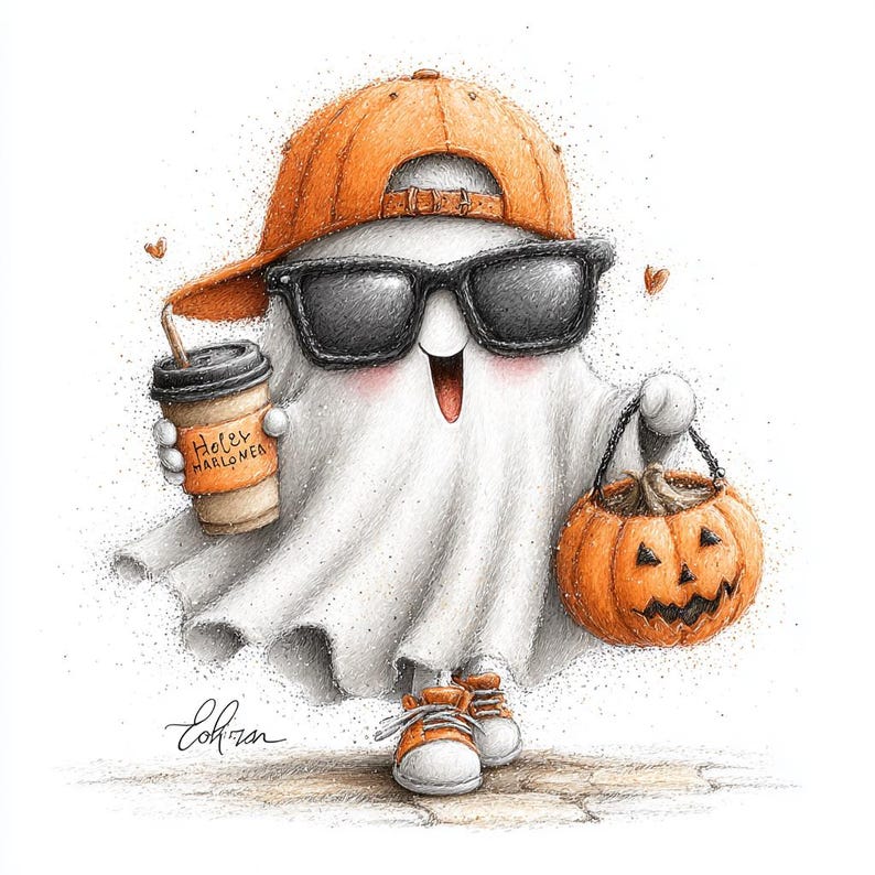 May include: A whimsical illustration of a ghost wearing sunglasses, an orange baseball cap, and sneakers. The ghost holds a coffee cup and a jack-o'-lantern bucket. The coffee cup has the text "Hoter Harlowea".