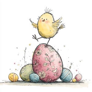 May include: Watercolor illustration of a yellow chick standing on a large pink Easter egg decorated with floral patterns. Several other decorated eggs in various colors surround the main egg, creating a festive Easter theme.