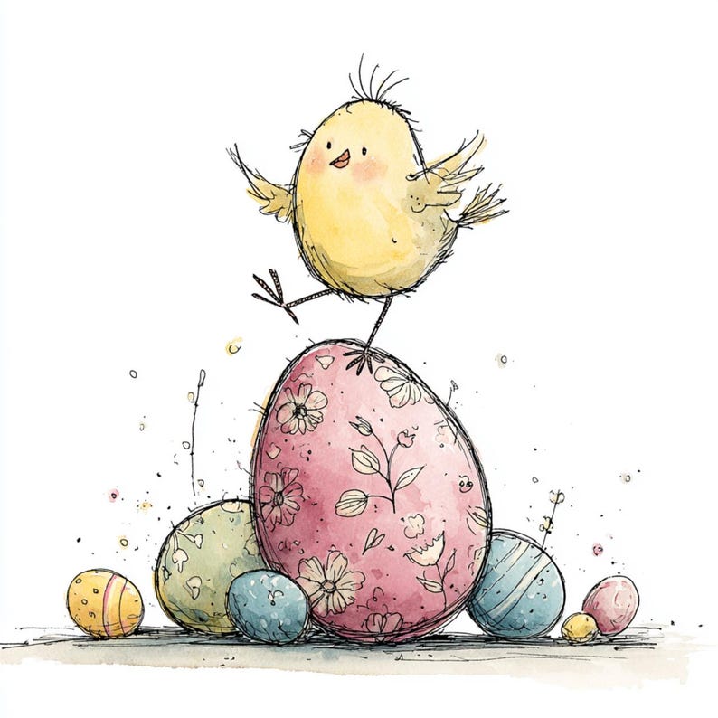 May include: Watercolor illustration of a yellow chick standing on a large pink Easter egg decorated with floral patterns. Several other decorated eggs in various colors surround the main egg, creating a festive Easter theme.