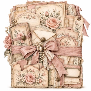 May include: A collection of layered paper ephemera featuring vintage floral illustrations of pink roses, cream-coloured envelopes, tags, and scalloped cards. The stack is bound with a wide, dusty pink fabric ribbon and a central pearl-accented bow.