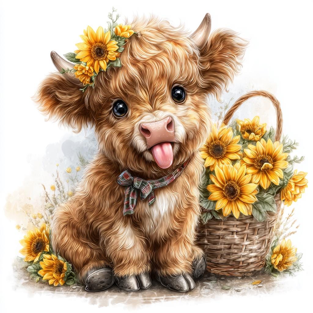 Highland Cow Sunflowers Clipart, Baby Highland Cow, Spring Flowers ...