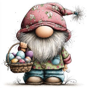 May include: A whimsical illustration of an Easter gnome. The gnome wears a pink floral hat, a green floral shirt, and blue overalls. It holds a woven basket filled with colorful Easter eggs. The gnome has a long white beard and a large nose.