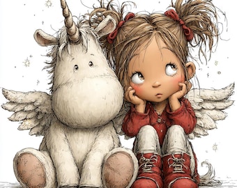 Puede incluir: Ilustración caprichosa de una niña y un unicornio de peluche. La niña, con cabello castaño y lazos rojos, viste una camisa roja y zapatos rojos. El unicornio es blanco con un cuerno dorado y alas emplumadas.