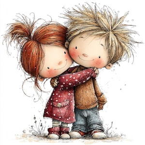 May include: A digital illustration of two cartoon children hugging. One child has red hair in a ponytail and a red dress with white polka dots. The other child has blond hair and is wearing a brown sweater and blue jeans. The image has a white background.
