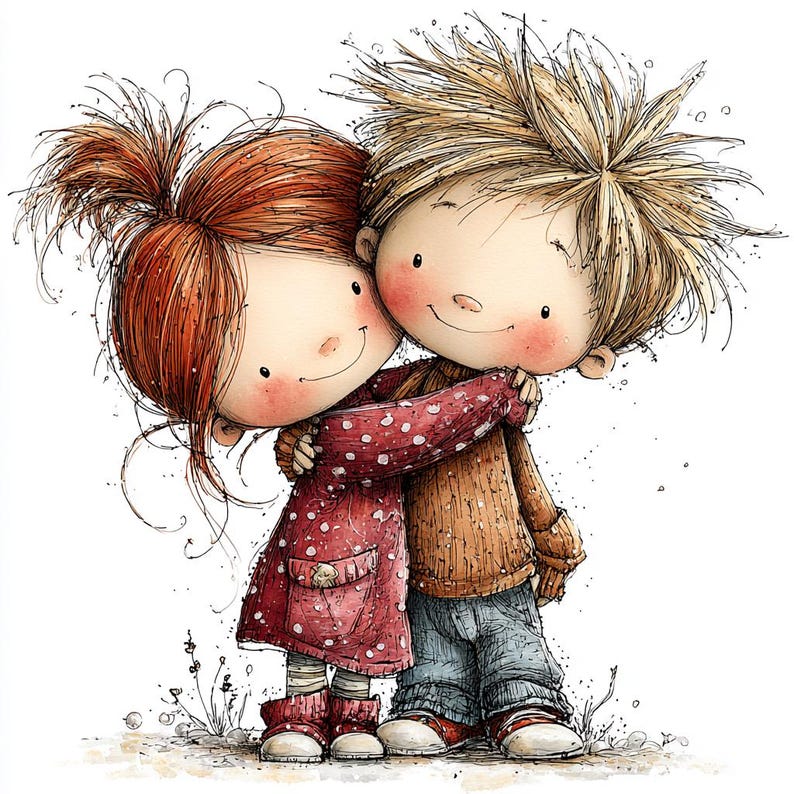 May include: A digital illustration of two cartoon children hugging. One child has red hair in a ponytail and a red dress with white polka dots. The other child has blond hair and is wearing a brown sweater and blue jeans. The image has a white background.
