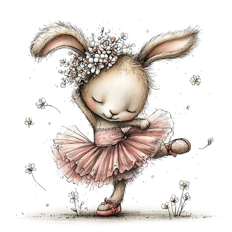 May include: A watercolor illustration of a bunny ballerina in a pink tutu and ballet shoes. The bunny wears a floral crown and is surrounded by small white flowers. The artwork has a soft, whimsical style.