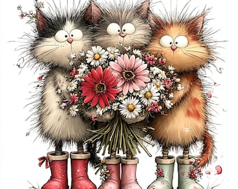 40 JPG Floral Cat Clipart: Wunderliche Aquarell Katzen mit Blumen für digitales Kunsthandwerk & Geschenke