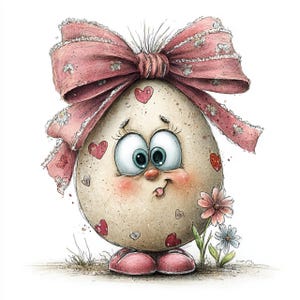 May include: A charming cartoon egg character with a large pink bow decorated with white flowers. The egg has large blue eyes, rosy cheeks, and red heart details. It wears pink shoes and stands near small flowers.