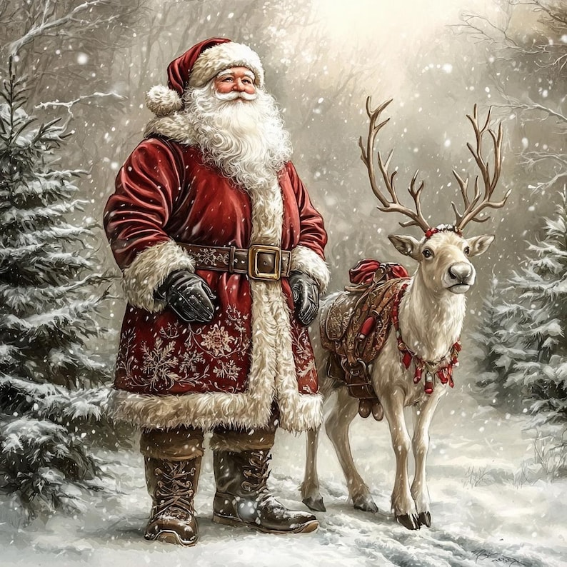 May include: Santa Claus wearing a red velvet coat with white fur trim and a matching hat, standing next to a reindeer with large antlers. The reindeer wears a brown leather saddle and red decorative harness in a snowy forest setting.