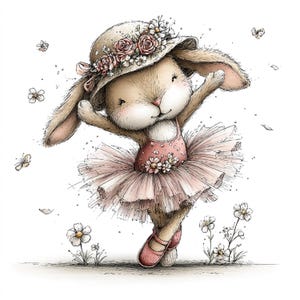 May include: A charming illustration of a bunny ballerina. The bunny is wearing a pink tutu, a matching leotard with floral accents, and pink ballet shoes. A hat adorned with roses and other flowers sits atop its head. Butterflies and flowers are scattered around the bunny.