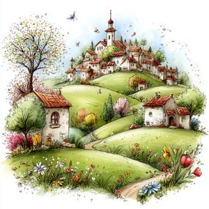 26 JPG Jardín de primavera caprichoso, pueblo de primavera, imágenes prediseñadas en acuarela, JPG de alta calidad, descarga digital, manualidades con papel, diarios de recortes