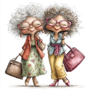May include: A whimsical illustration of two elderly women, each with curly hair and glasses. One wears a floral dress and red jacket, the other a blue shirt and yellow pants. Both carry handbags and appear to be enjoying a day out.