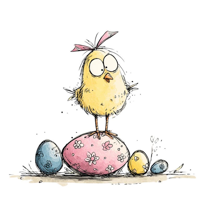 May include: A whimsical illustration of a yellow chick with a pink bow standing on a pink Easter egg decorated with white flowers. Several decorated eggs in blue and yellow are scattered around the base of the large egg. The artwork has a hand-drawn style.