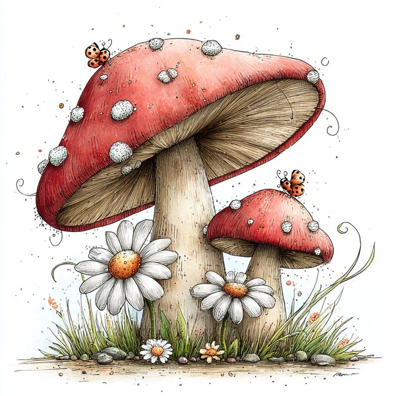 May include: A whimsical illustration of two red mushrooms with white spots, daisies, and butterflies. The mushrooms have beige stems and are surrounded by green grass and small flowers. The artwork has a watercolor style with fine details.