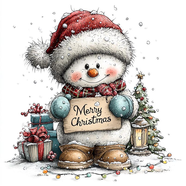 May include: A cartoon snowman wearing a red winter hat with a white pom-pom, a plaid scarf, and brown boots. The snowman holds a wooden sign that reads Merry Christmas. Beside it are wrapped gifts, a small decorated pine tree, and a lantern.