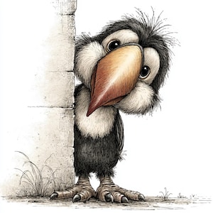 May include: A whimsical illustration of a bird with a large, tan beak and expressive eyes peeking around a stone wall. The bird has black and white plumage and detailed clawed feet. The artwork has a hand-drawn, textured style.